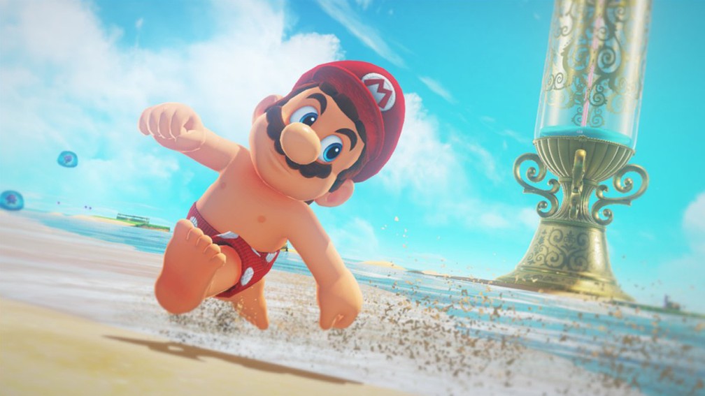 Mario aparece sem uniforme, e só de calção de banho, em uma das fases de 'Super Mario Odyssey' (Foto: Divulgação)