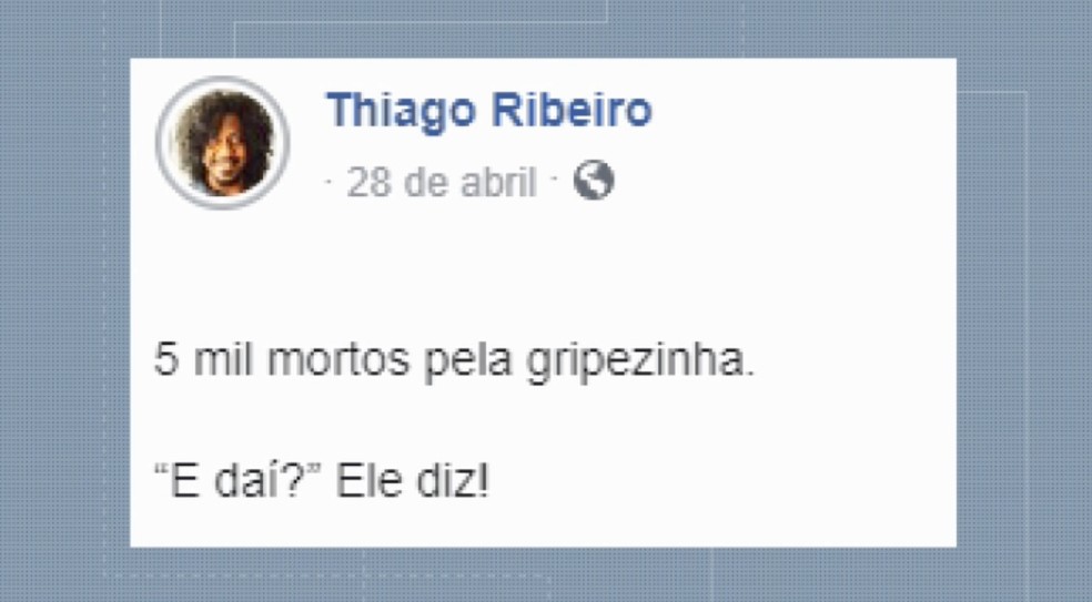 Postagem feita pelo ativista Thiago Ribeiro, a qual ele foi alvo do comentário da empresária de Guaxupé (MG) — Foto: Reprodução/EPTV