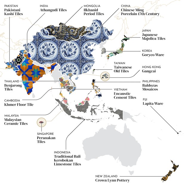Azulejos que representam os países do Leste da Ásia e da Oceania (Foto: QS Supplies / Divulgação)