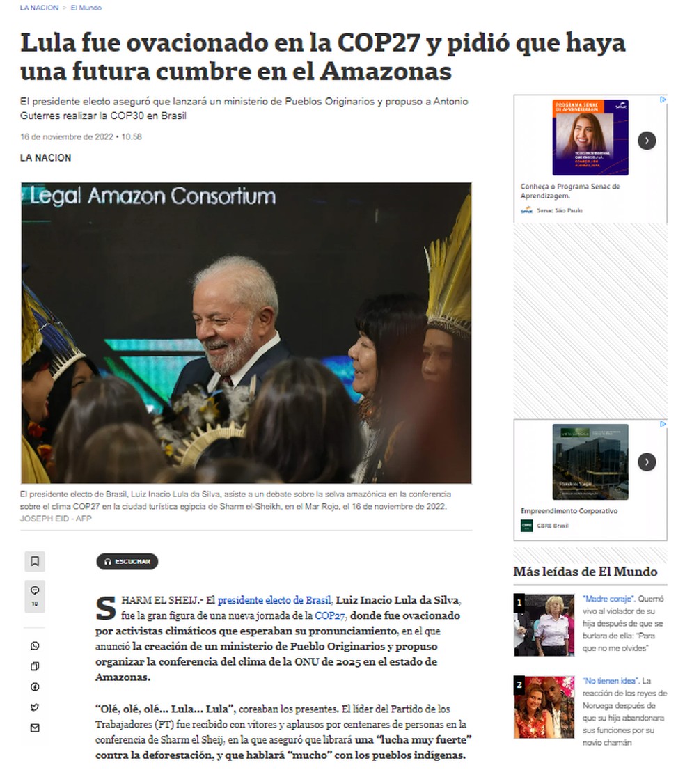 Imagem do La Nación, da Argentina, que publicou um texto sobre Lula na COP27 — Foto: Reprodução/La Nación