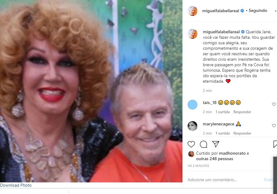 Miguel Falabella se despede de Jane Di Castro (Foto: Reprodução Instagram)