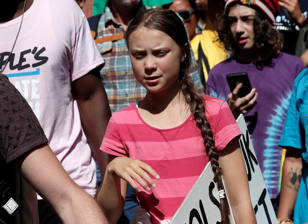 Greta Thunberg participa de protesto pelo clima em Nova York, Estados Unidos, nesta sexta (20). — Foto: Shannon Stapleton/Reuters