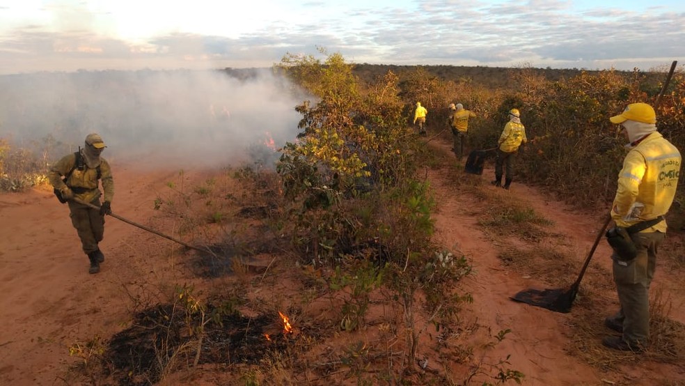 Equipes tentam conter incêndio no Parque Nacional de Chapada dos Guimarães — Foto: Corpo de Bombeiros de Mato Grosso/Assessoria