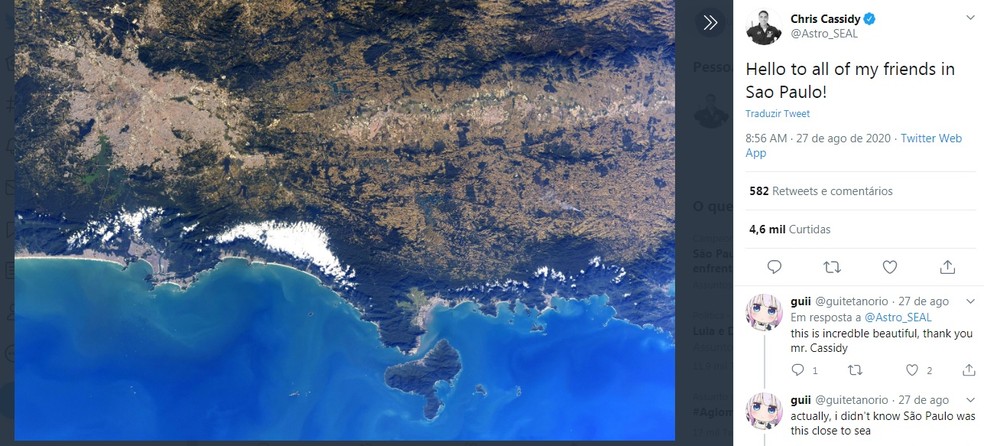 Post de astronauta repercute entre moradores do litoral norte de São Paulo — Foto: Reprodução/Twitter