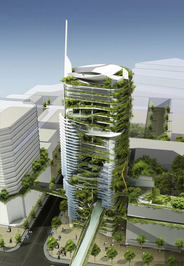 Componentes mecânicos articulados, energia fotovoltaica, árvores e plantas integram a Editt Tower. Ainda não construído, em Cingapura, o projeto é do escritório malasiano T.R. Hamzah & Yeang (Foto: divulgação)