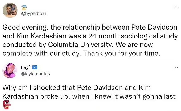 Fãs ironizam término do namoro entre Kim Kardashian e Pete Davidson nas redes sociais (Foto: Twitter)