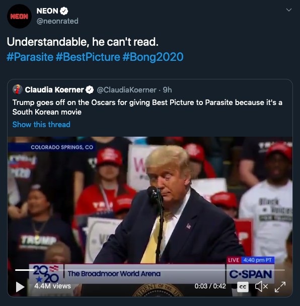A resposta dos distribuidores de parasita (2019) ao comentário de Donald Trump (Foto: Twitter)