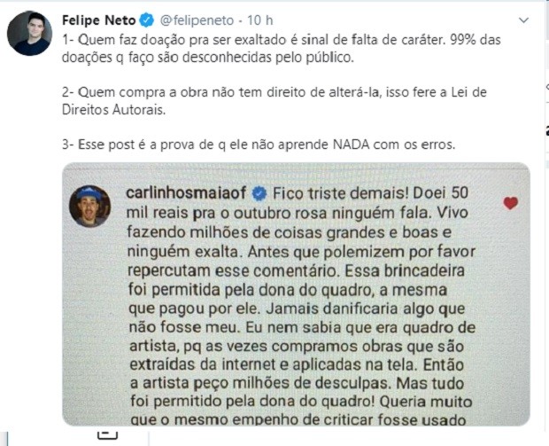 Felipe Neto tambem criticou a atitude de Maia (Foto: Twitter/ Reprodução)