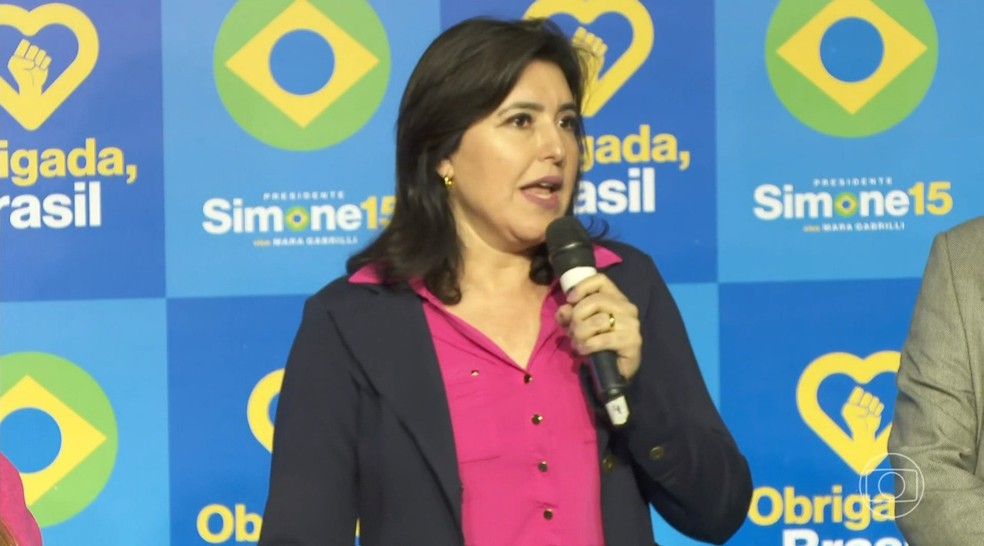 Simone Tebet durante pronunciamento após o primeiro turno das eleições de 2022 — Foto: Reprodução/TV Globo