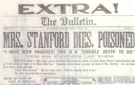 Manchete de jornal informando a morte de Jane Stanford (Foto: reprodução)