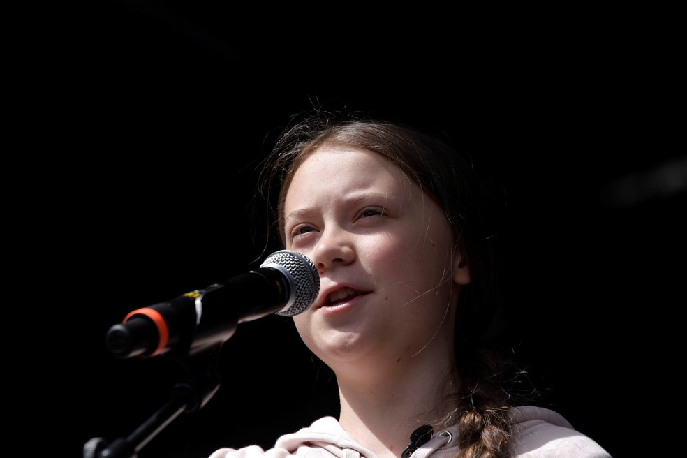 A ativista pelo clima Greta Thunberg, de 16 anos, fala durante a Marcha do Clima neste sábado (25) em Copenhague, na Dinamarca. — Foto: Ritzau Scanpix/Claus Bech via Reuters