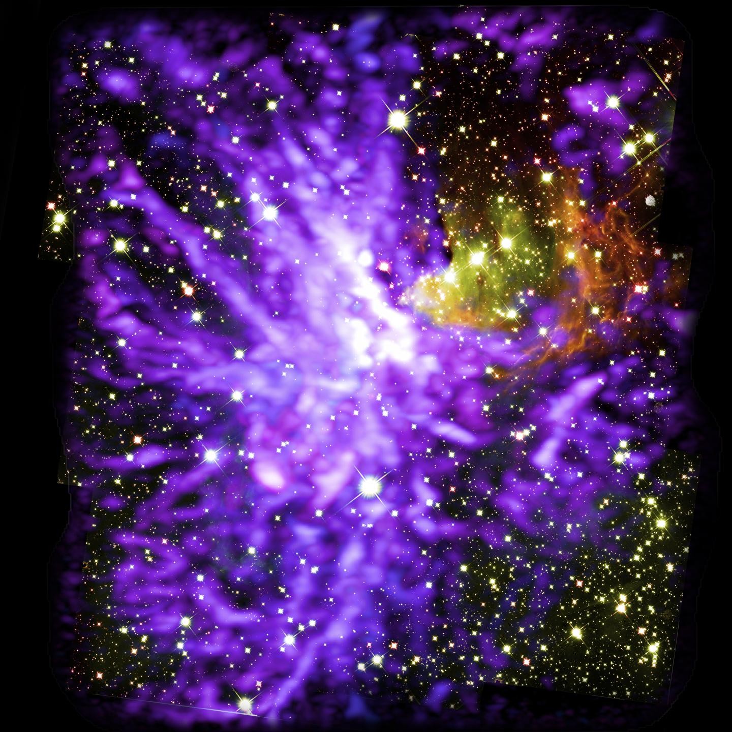 Aglomerado de estrelas G286.21+0.17 no momento de sua formação (Foto: ALMA (ESO/NAOJ/NRAO), Y. Cheng et al.; NRAO/AUI/NSF, S. Dagnello; NASA/ESA Hubble)
