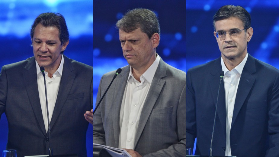 Os três mais bem colocados nas pesquisas para o governo de São Paulo: Fernando Haddad (PT), Tarcísio de Freitas (Republicanos) e Rodrigo Garcia (PSDB)
