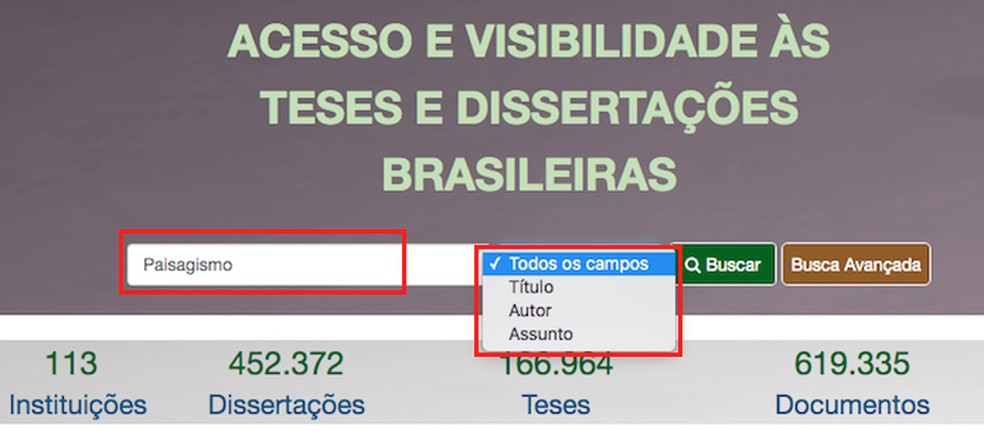 Ação para iniciar uma busca por dissertações no site da Biblioteca de Teses e Dissertações — Foto: Reprodução/Marvin Costa