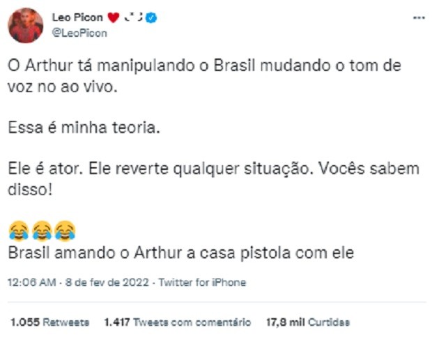 Leo Picon comenta jogo de Arthur Aguiar no BBB22 (Foto: Reprodução/Twitter)