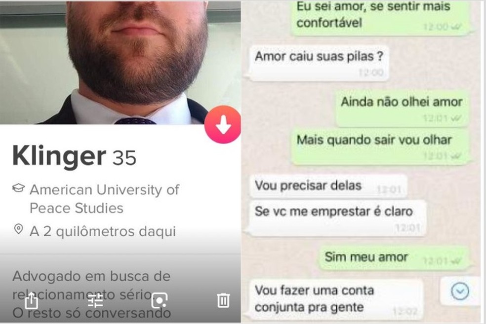 Imagem mostra perfil no Tinder e conversa no WhatsApp — Foto: Polícia Civil/Divulgação