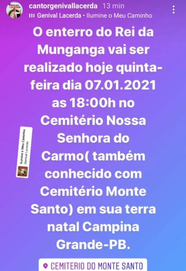 Genival Lacerda será enterrado em Campina Grande (Foto: Reprodução/Instagram)