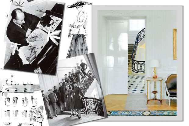 Christian Dior em sua escrivaninha Louis XVI. Ao lado, a icônica escada do salão e a mesma na apresentação de couture, em 1953  (Foto: Robert Polidori, Mark Shaw/ Mptvimages.com e Divulgação)