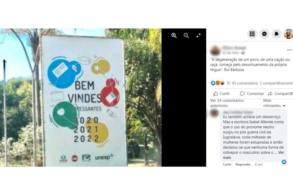 Banner com linguagem neutra exposto em universidade gera polêmica nas redes sociais — Foto: Reprodução/Facebook