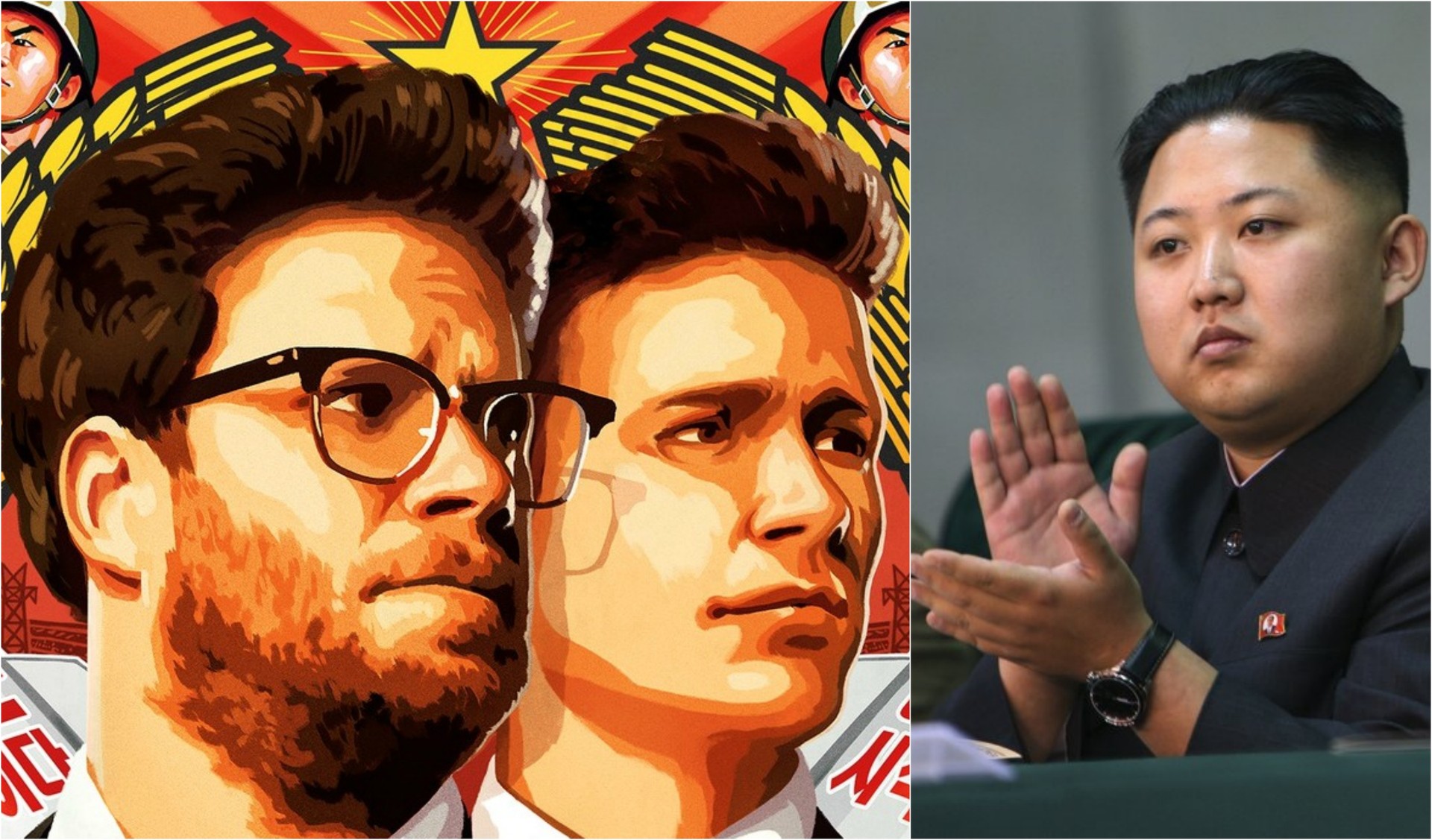 Seth Rogen (à esq.) e James Franco em detalhe do pôster de 'The Interview', e o líder norte-coreano, Kim Jong-un. (Foto: Divulgação e Petersnoopy/Creative Commons)