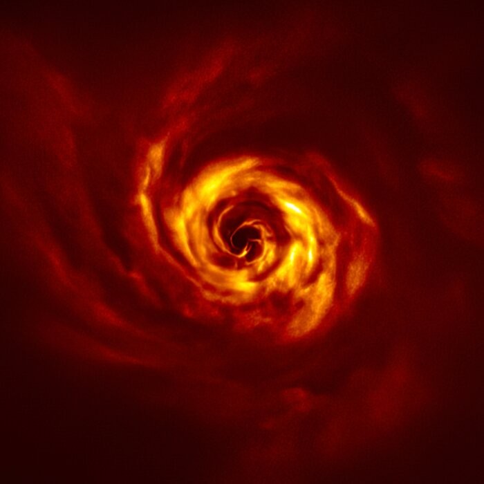 This image shows the disc around the young AB Aurigae star, where ESO’s Very Large Telescope (VLT) has spotted signs of planet birth. Close to the centre of the image, in the inner region of the disc, we see the ‘twist’ (in very bright yellow) that scient (Foto: ESO/Boccaletti et al.)