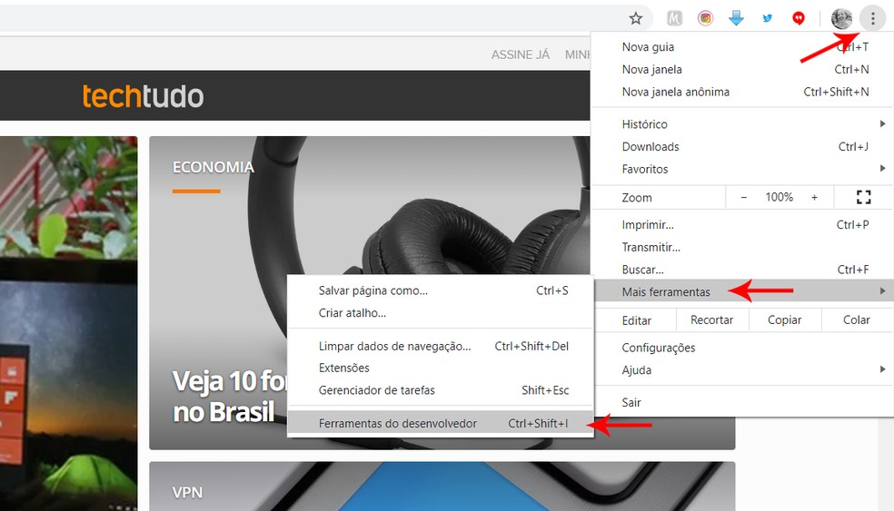 Caminho para acessar as ferramentas de desenvolvedor do Chrome — Foto: Reprodução/Ana Letícia Loubak
