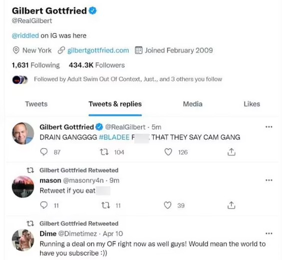 Alguns dos posts compartilhados pelos hackers que invadiram a conta de Gilbert Gottfried (1955-2022) (Foto: Twitter)