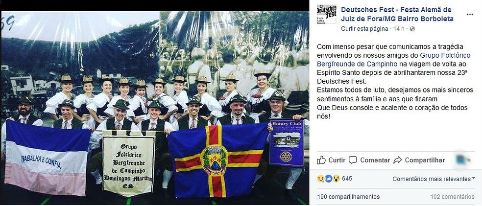 Perfil da Festa Alemã de Juiz de Fora publicou nota lamentando morte de integrantes do Grupo Folclórico Bergfreunde de Campinho (Foto: Facebook/Reprodução)