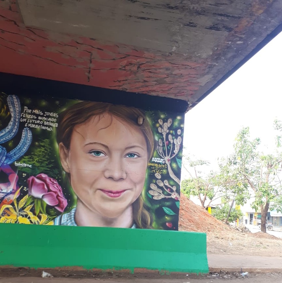 Rosto da ativista sueca Greta Thunberg foi pintado em viaduto — Foto: Divulgação