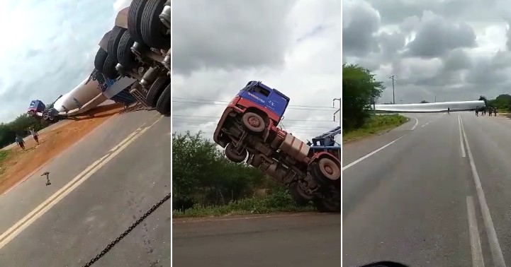 Carreta tomba com hélice de torre eólica, interdita duas BRs e cabine fica suspensa em Picos; vídeo