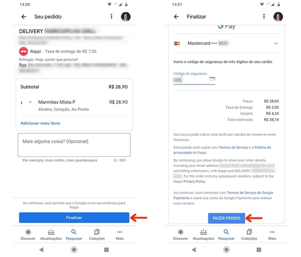 Finalização do pedido de comida pelo app do Google para celular — Foto: Reprodução/Raquel Freire