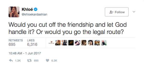 Khloé Kardashian revelou que teria sido roubada por uma amiga próxima (Foto: Twitter)