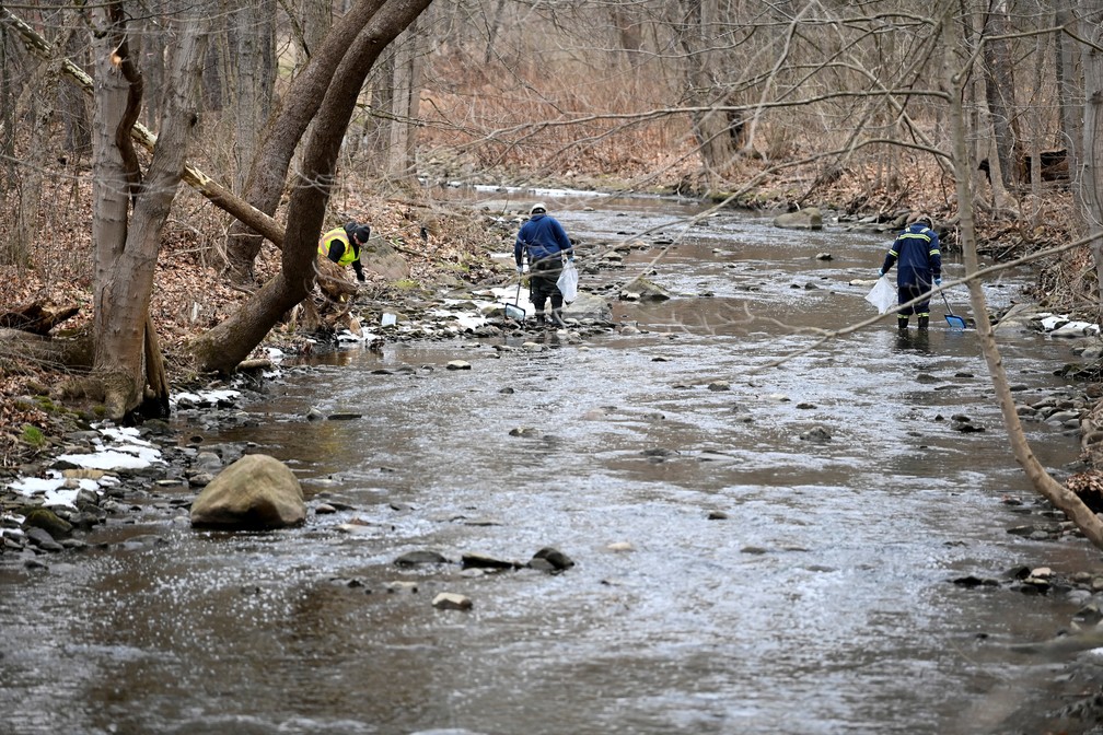 Equipe remove peixes mortos por causa do vazamento de substância tóxica após descarrilamento do trem em Ohio, EUA, em 6 de fevereiro de 2023 — Foto: REUTERS/Alan Freed 