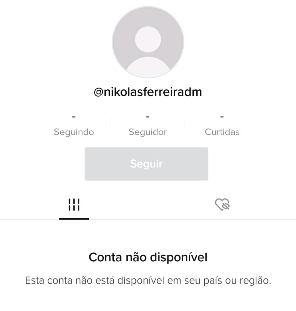 Conta no TikTok do deputado Nikolas Ferreira consta como "Não Disponível" na sexta-feira (13). — Foto: Reprodução/TikTok