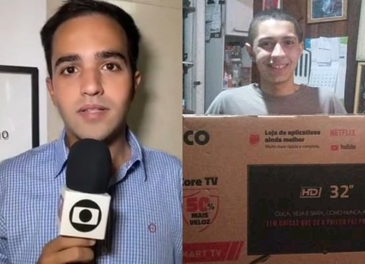 Jornalista Leonardo Monteiro doa TV ao espectador Lucas Alves (Foto: Reprodução)