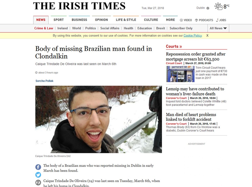 Jornal irlandÃªs The Irish Times informou a morte de CaÃ­que (Foto: ReproduÃ§Ã£o/Irish Times)
