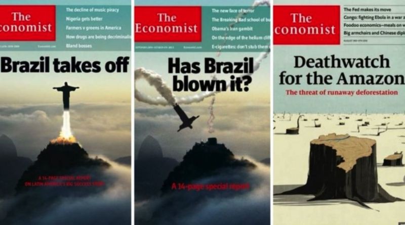 Cristo Redentor foi usado pelo 'Economist' para ilustrar a opinião da revista sobre o Brasil em 2009 e 2013; em 2019, uma capa falava sobre o desmatamento na Amazônia (Foto: Reprodução)