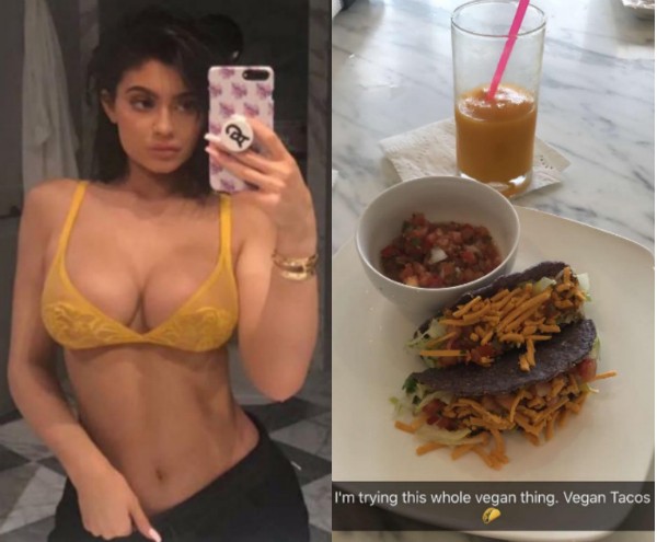 Kylie Jenner com uma foto de sua refeição vegana (Foto: Snapchat)