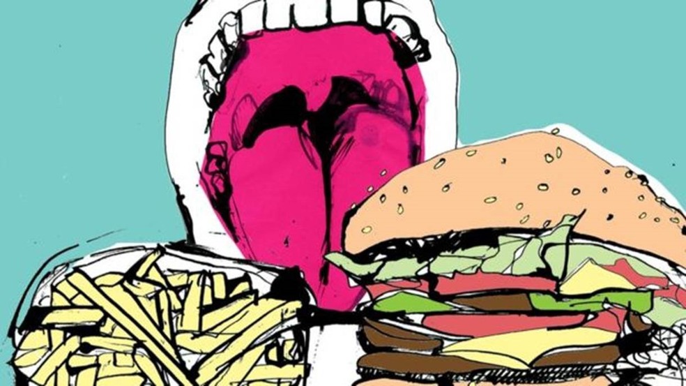 Uma dieta à base de hambúrgueres e chocolate, por exemplo, afeta tanto o nosso risco de obesidade quanto o tipo de micróbios que crescem no nosso tubo digestivo (Foto: Ilustrações: Katie Horwich/BBC)