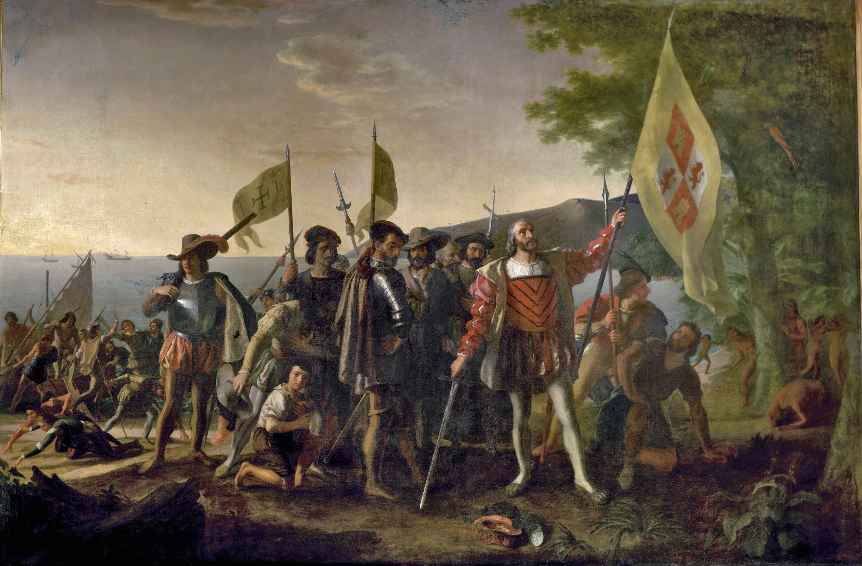 Pintura de John Vanderlyn mostra Colombo desembarcando em San Salvador, em 1492 (Foto: Wikimedia Commons)