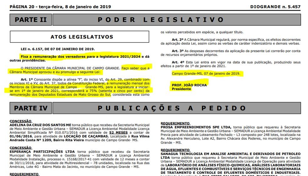 Publicação no Diário Oficial de Campo Grande com a promulgação da lei que aumento o salário dos vereadores da cidade — Foto: Reprodução/G1 MS