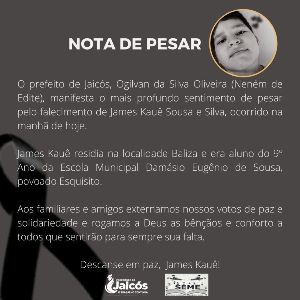 Prefeitura de Jaicós divulga nota de pesar pela morte de garoto por chikungunya — Foto: Divulgação