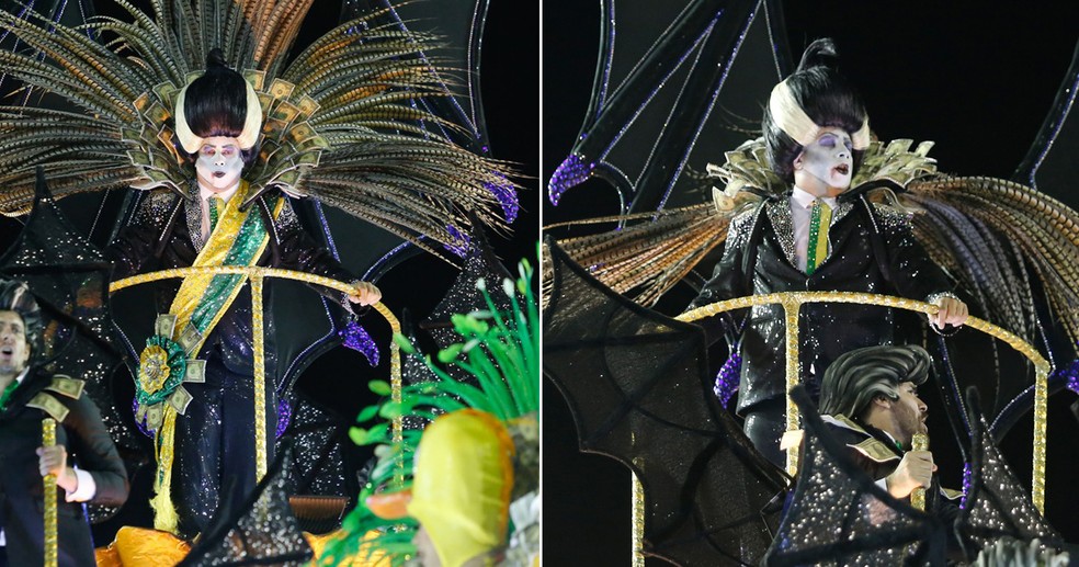 Vampiro da Tuiti com a faixa presidencial na Sapucaí durante o carnaval e sem o adereço no Desfile das Campeãs, neste domingo (18) (Foto: Marcos Serra Lima/G1)