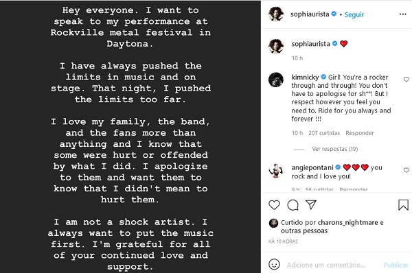 O pedido de desculpas público da cantora Sophia Urista (Foto: Instagram)
