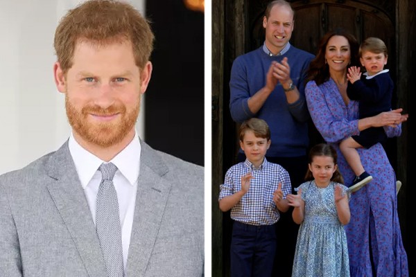 Príncipe Harry (à esq); príncipe William e Kate Middleton com seus três filhos: o príncipe George, a princesa Charlotte e o príncipe Louis (Foto: Getty Images)