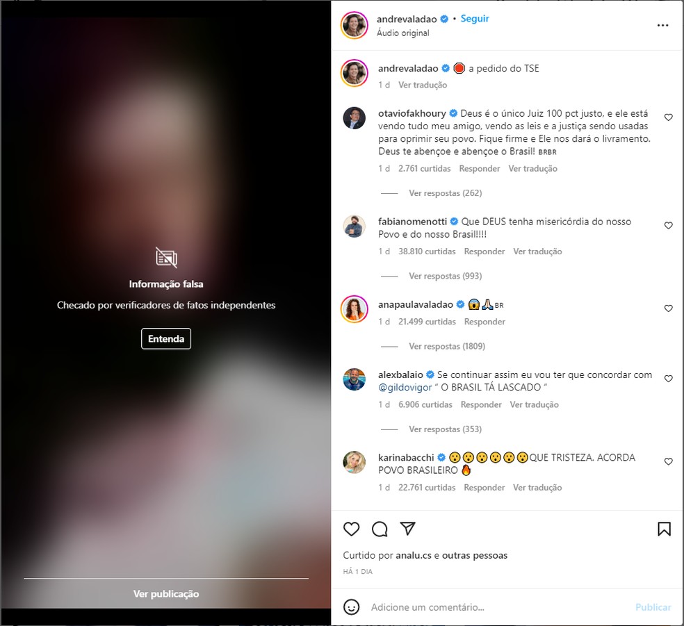 Instagram marca retratação falsa de André Valadão como informação falsa — Foto: Reprodução/Instagram/André Valadão