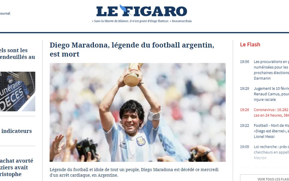Francês Le Figaro anuncia a morte de Maradona, nesta quarta-feira (25) — Foto: Reprodução/Le Figaro