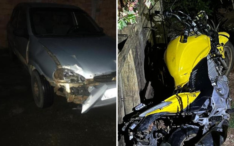 Homem é baleado, entra em carro para perseguir suspeitos e atropela motoqueiro e garupa de propósito em Mineiros, Goiás — Foto: Reprodução/Polícia Militar e Montagem/g1