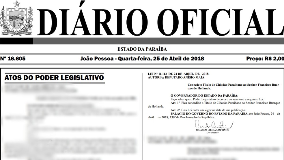 Lei que concede Título de Cidadão Paraibano a Chico Buarque foi publicada no Diário Oficial da Paraíba do dia 25 de abril de 2018 (Foto: Diário Oficial da Paraíba/Reprodução)