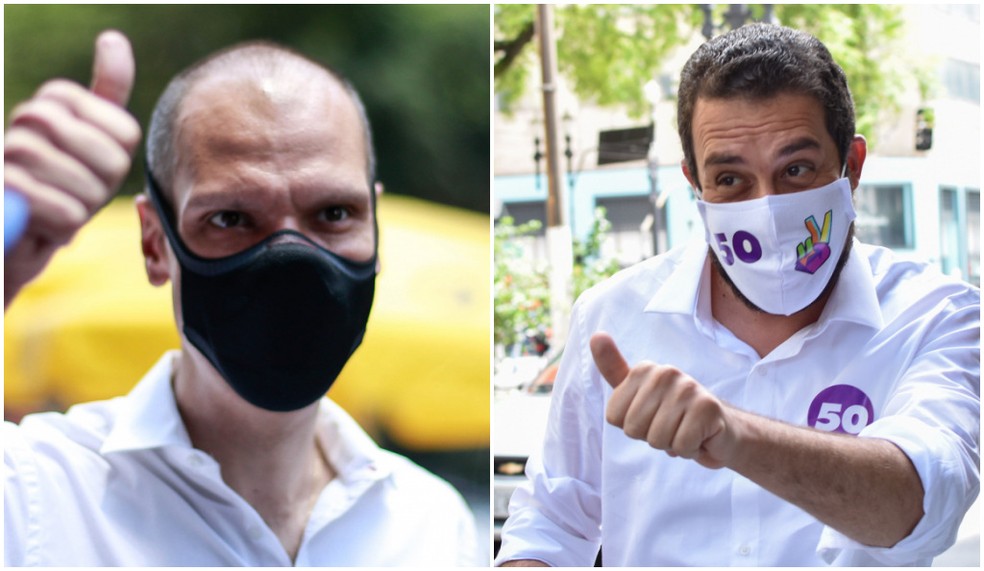 Montagem de fotos com os candidatos que disputam o segundo turno pela Prefeitura de São Paulo, Bruno Covas (PSDB) e Guilherme Boulos (PSOL) — Foto: Tiago Queiroz e Roberto Casimiro/Estadão Conteúdo